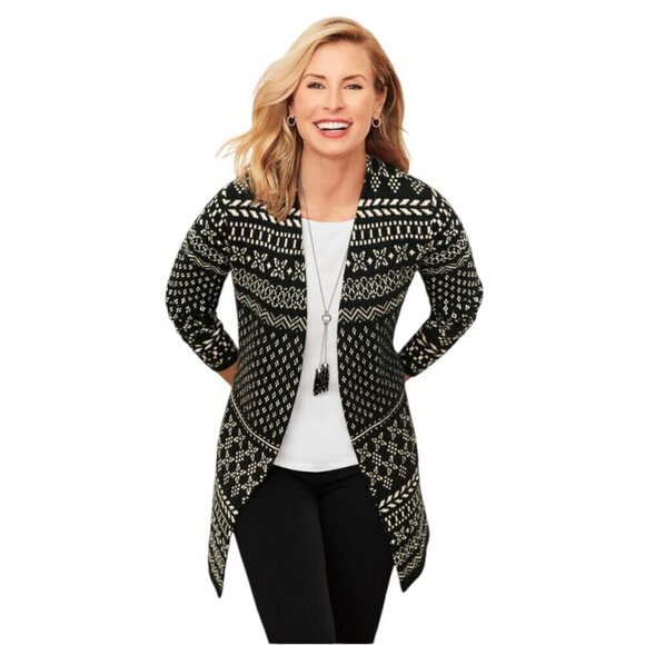 Talbots Black Fair Isle Open-Front Cardigan Sweater, MP - Picture 1 of 9